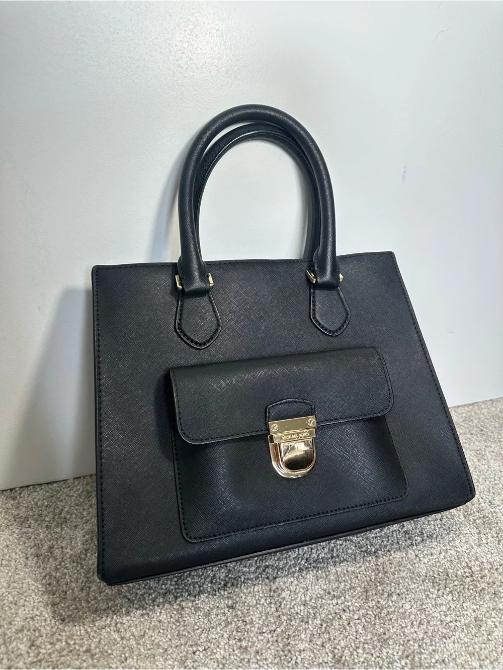 Michael Kors Black Saffiano Leather Top-Handle Satchel with Gold Hardware
